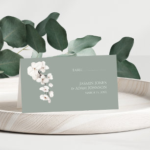 Carte De Placement Moderne Sage Vert Orchidées Blanches Mariage Flora