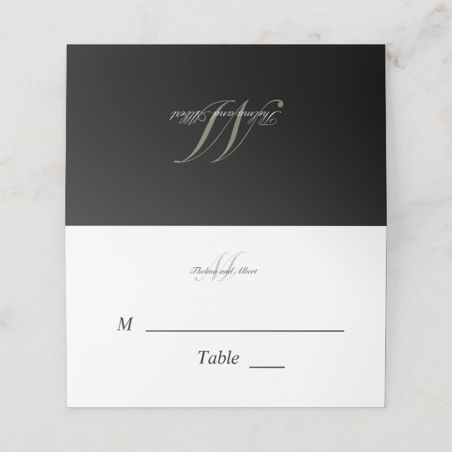 Carte De Placement Monogramme de script noir avec carte de place de n (Extérieur déplié)
