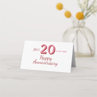 Carte De Placement monogramme gras nom date rose 20e anniversaire