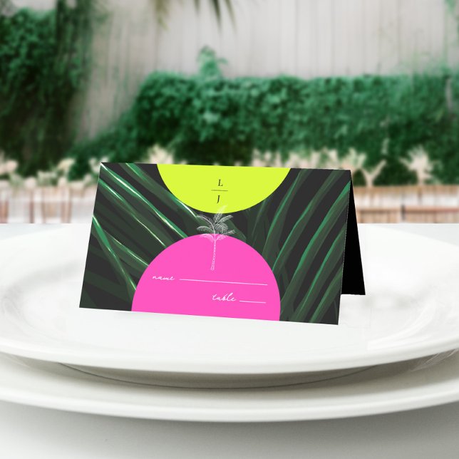 Carte De Placement Monogramme Neon Arches Palm Tree Mariage tropical (Créateur téléchargé)
