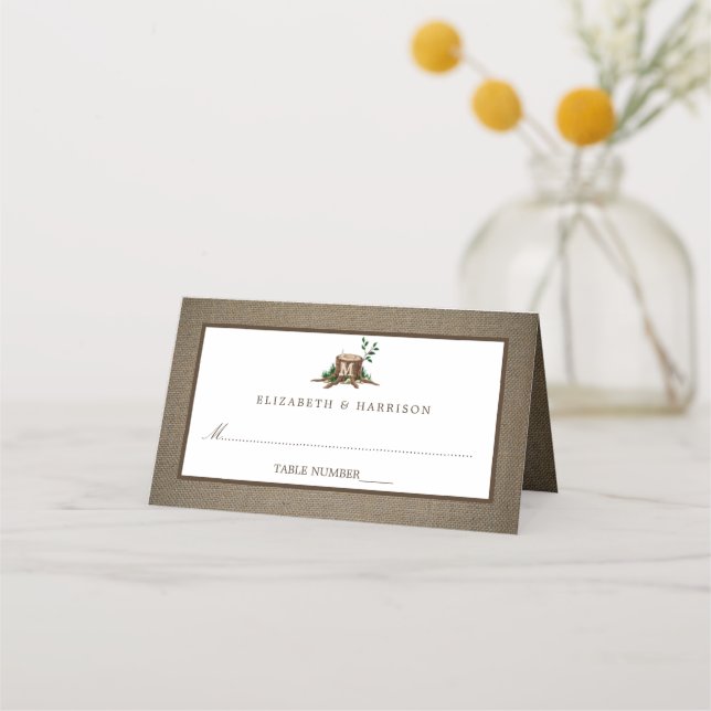 Carte De Placement Monogramme rustique Arbre et Mariage de Burlap (Devant)
