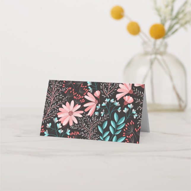 Carte De Placement Motif rose et Turquoise floral foncé (Devant)