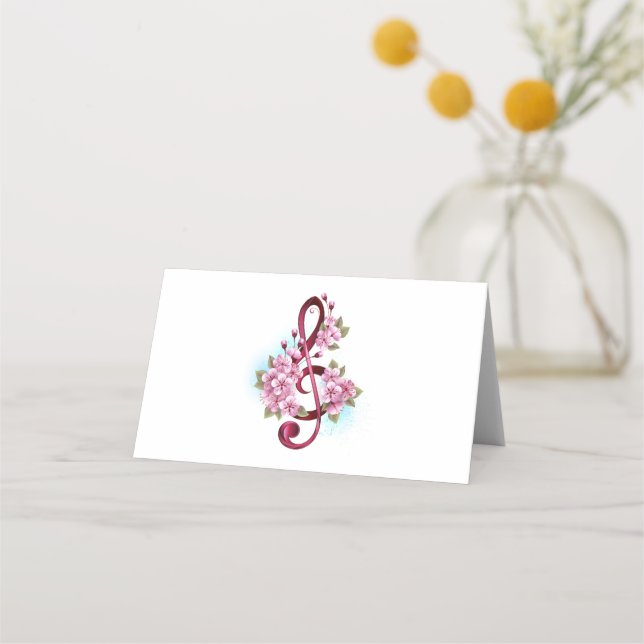 Carte De Placement Musical treble clef notes with sakura flowers (Devant)