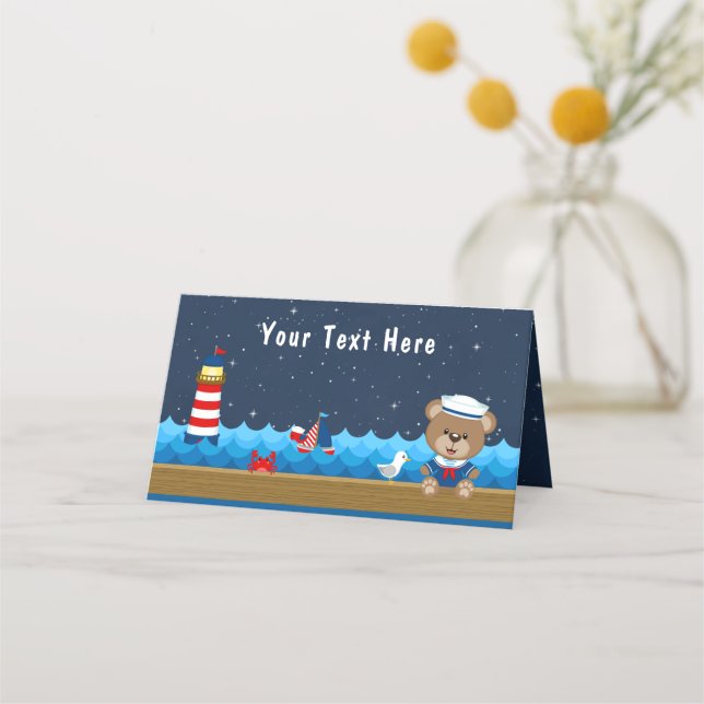 Carte De Placement Nautical Boy Bear Rouge et Marine Anniversaire Par (Devant)