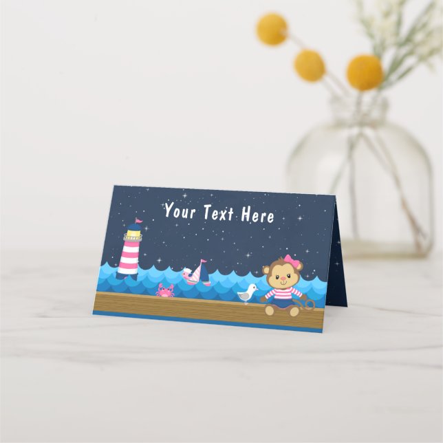 Carte De Placement Nautical Girl Singe rose et Baby shower de marine (Devant)