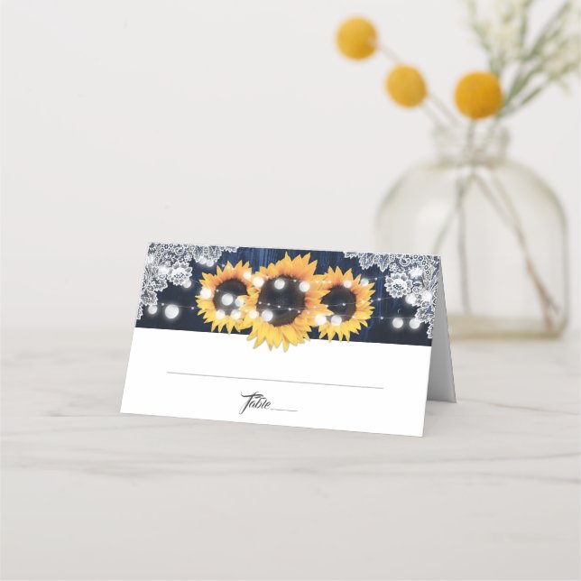 Carte De Placement Navy Blue Sunflower Wood String Lights Wedding (Devant)