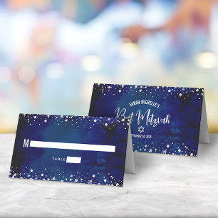 Carte De Placement Navy de Bat Mitzvah Aquarelle Écriture Paillettes 