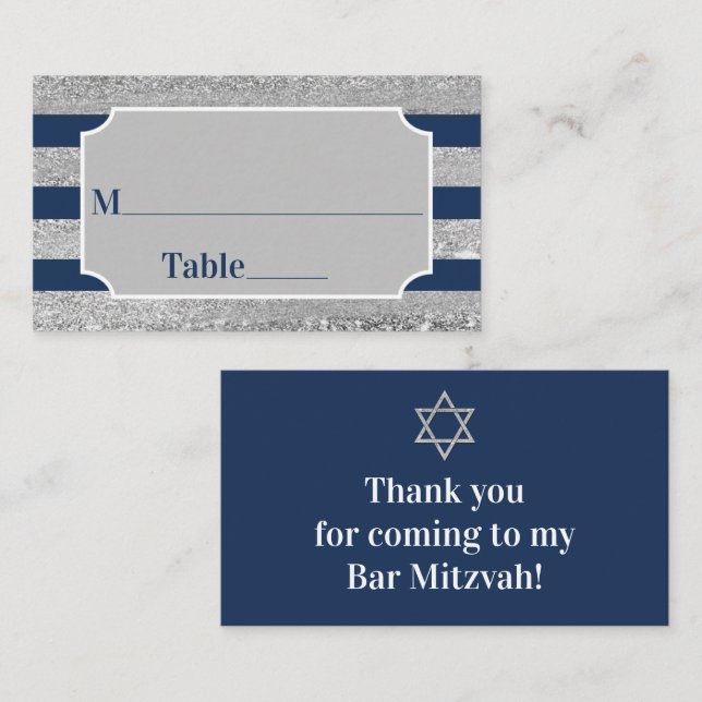 Carte De Placement Navy, Gris Stripes Bar Mitzvah (Devant / Derrière)