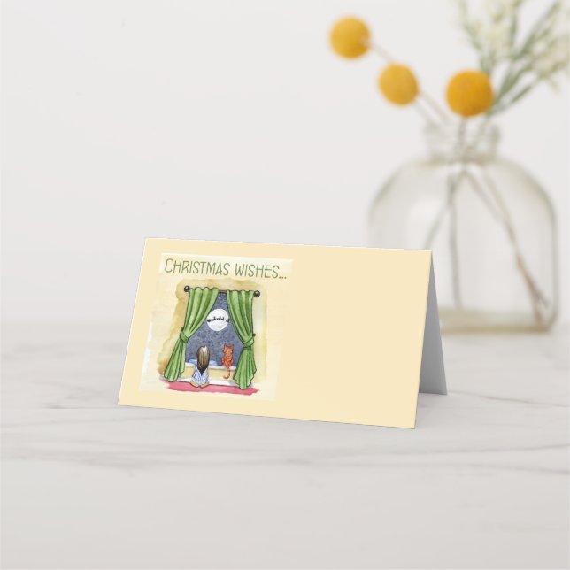 Carte De Placement Noël Souhaite Mignonne Enfant & Kitty Chat Noël (Devant)