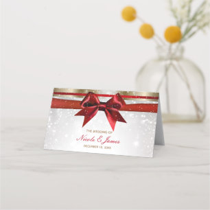 Carte De Placement Nœud Rouge Or Blanc Étincelle Noël Mariage Place