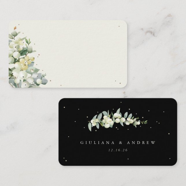 Carte De Placement Noir noir/crème Snowberry + Mariage Eucalyptus (Devant / Derrière)