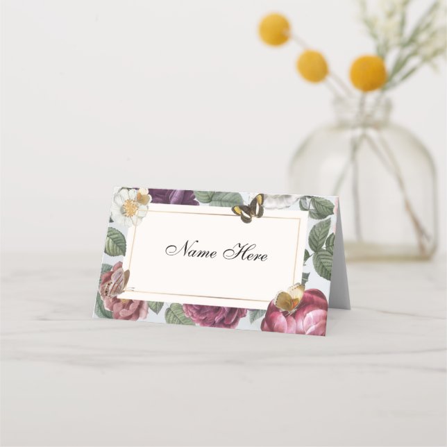 Carte De Placement Nom du mariage Fleur de fleurs papillon (Devant)