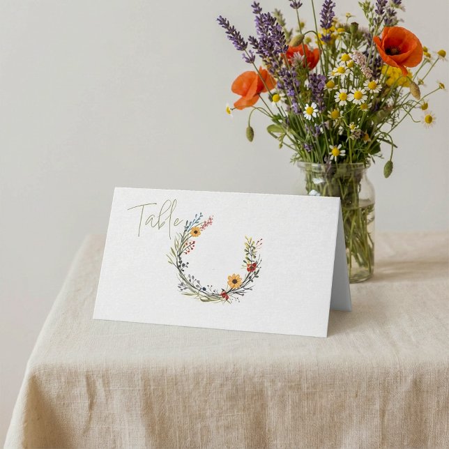 Carte De Placement Numéro de table de couronne fleur sauvage (Wildflower wreath table number place card.)