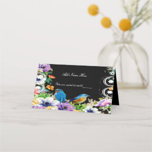 Carte De Placement Oiseaux Bleus Colorés Et Table Florale Botanique