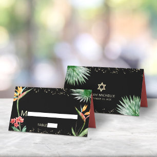 Carte De Placement Or Noir Bar Mitzvah Floral Tropical Aquarelle