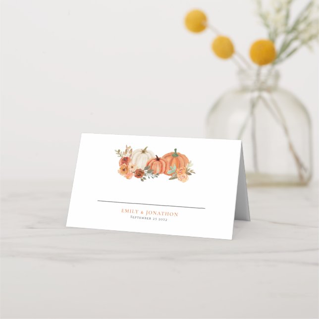Carte De Placement Orange Citrouille Automne Florals Noms Date Mariag (Devant)