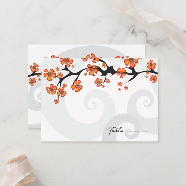 Carte De Placement Orange Hibiscus Fusion Grey Swirl Mariage Tropical (Devant/Arrière en situation)