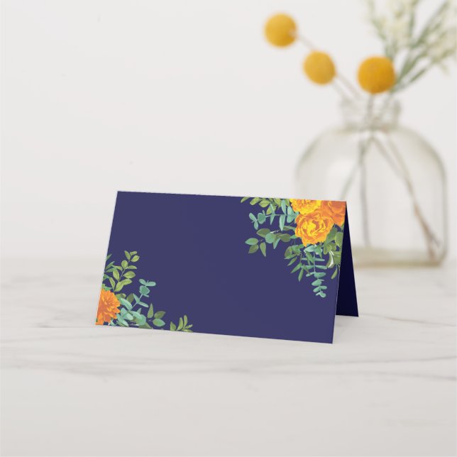 Carte De Placement Orange & Marine Blue Peony & Rose Floral Mariage (Devant)