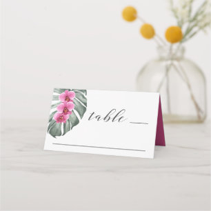 Carte De Placement Orchidées roses chaudes sur Monstera Mariage tropi