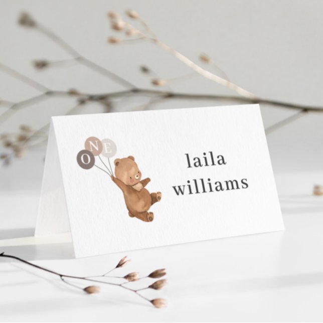 Carte De Placement Ours 3 ballons Brown - 1er anniversaire (Bear 3 Brown Balloons - 1st Birthday Place Card)