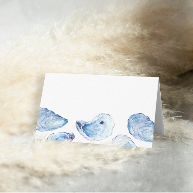 Carte De Placement Oyster Blue Watercolor Beach Wedding Blank (Oyster Wedding Blank Folded Place Cards with elegant blue watercolor illustration. Concertina Press)