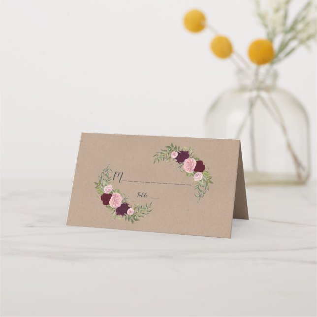 Carte De Placement Papier Rustique Marsala Floral (Devant)