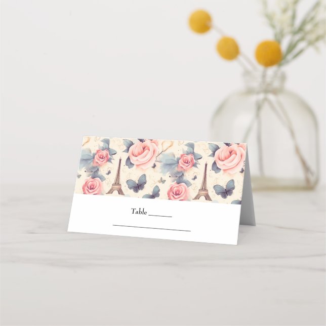 Carte De Placement Papillon Tour Eiffel et Mariage Motif Rose (Devant)
