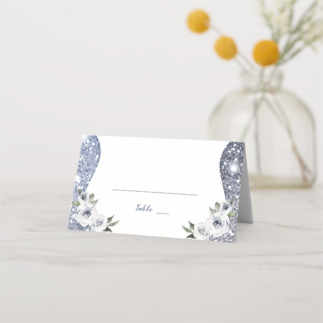 Carte De Placement Parties scintillant bleu argent étincelant et Mari (Devant)
