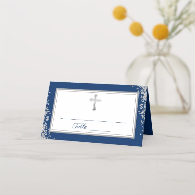 Carte De Placement Parties scintillant d'argent Marine Bleu Première  (Devant)
