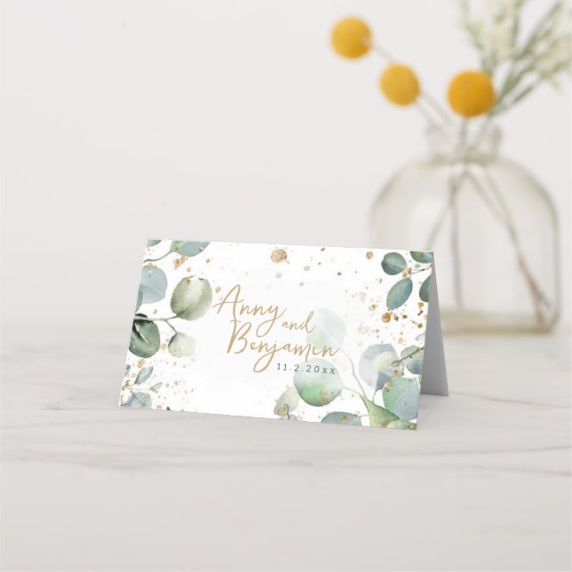 Carte De Placement Parties scintillant d'or Eucalyptus - Mariage vert (Dos)