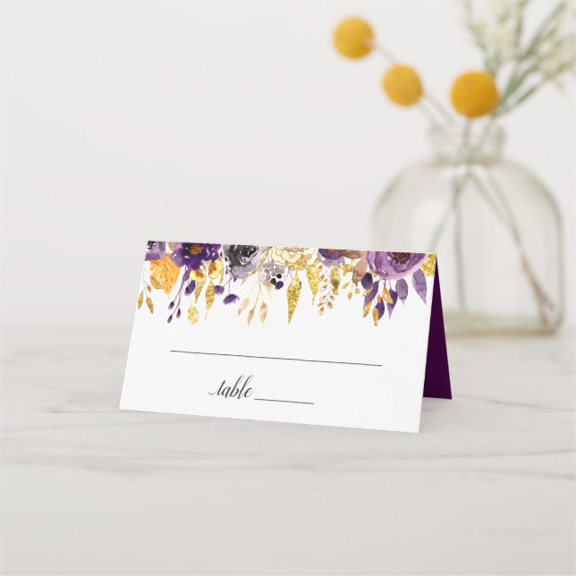 Carte De Placement Parties scintillant d'or Plum violet Mariage Flora (Devant)