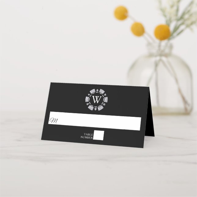 Carte De Placement Parties scintillant en argent Monogram Poker Chip  (Devant)