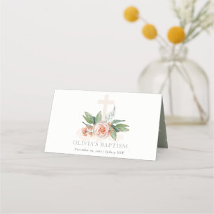 Carte De Placement Pastel Soft Peach Rose Floral Cross Bunch Baptême