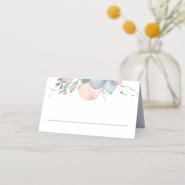 Carte De Placement Peach Watercolor Blossoms Dusty Blue Mariage (Devant)