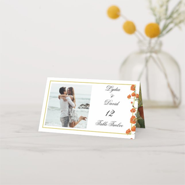Carte De Placement Photo Gold Floral Elégant Mariage Numéro de table (Devant)