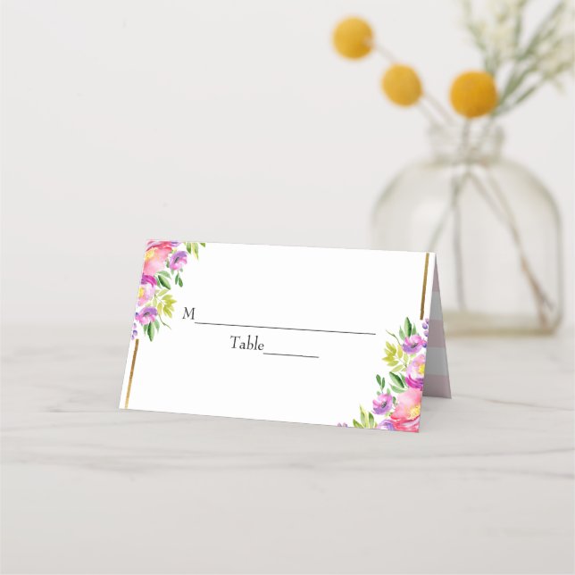 Carte De Placement Pink & Faux Foil Gold Fête des mariées florale (Devant)