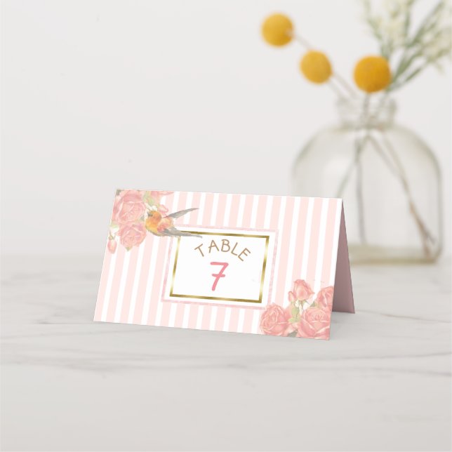 Carte De Placement PInk Floral Gold Bird Mariage Numéro de table (Devant)