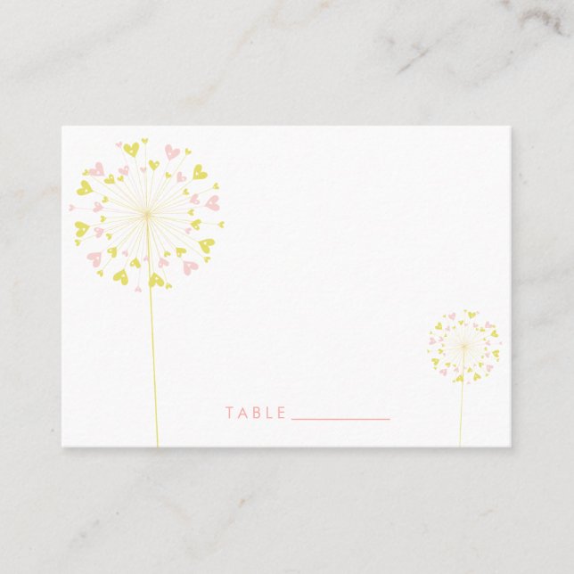 Carte De Placement Pink Jaune Dandelion Fleurs Amour Coeurs Mariage (Devant)