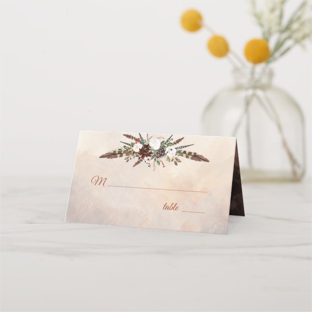Carte De Placement Plumes rustiques de bois et fleurs florales (Devant)