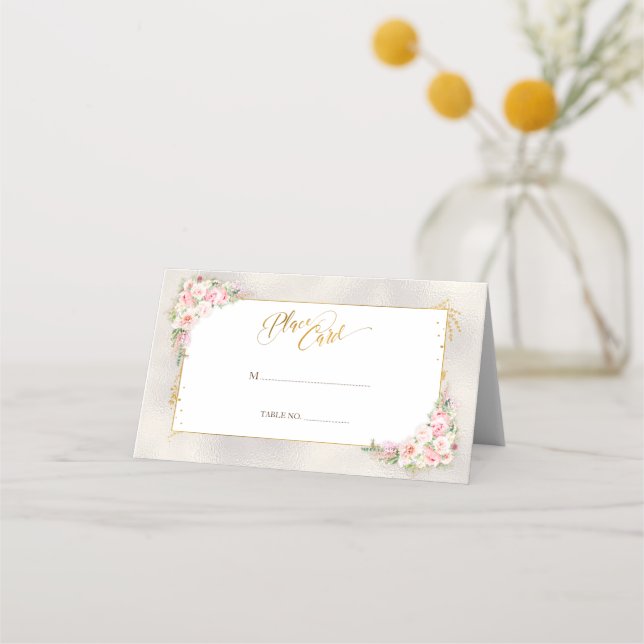 Carte De Placement Pony rose Floral Gold Script & Mariage de cadre (Devant)