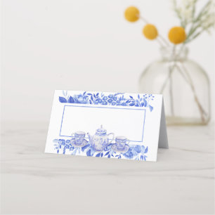 Carte De Placement Pot de thé et tasses de thé Floral bleu et blanc