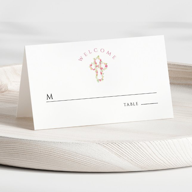 Carte De Placement Première communion rose de la Croix florale (Front - Pink Floral Cross First Communion Place Card)