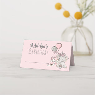 Carte De Placement Princesse éléphant fille rose gris 1er anniversair