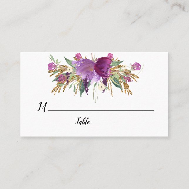 Carte De Placement Purple Améthyste Floral Or Éperches Plat (Devant)