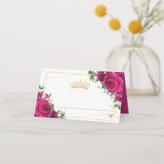 Carte De Placement Quinceanera 16 Papillons floraux roses Fuchsia (Devant)