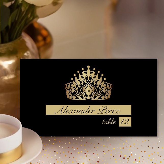 Carte De Placement Quinceanera Black et Gold Princesse Tiara Couronne (Créateur téléchargé)