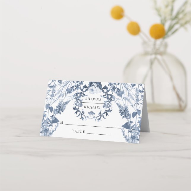 Carte De Placement Réception de mariage floral bleu et blanc fleur sa (Devant)