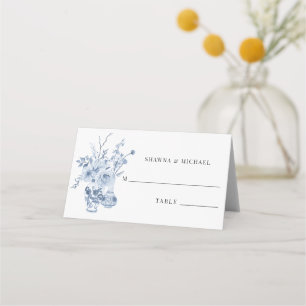 Carte De Placement Réception de mariage floral classique bleu et blan