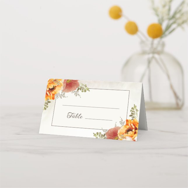 Carte De Placement Réception De Mariage Floral Orange Brûlé (Devant)