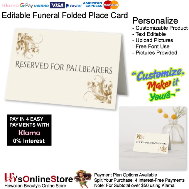 Carte De Placement Reserved for Pallbearers Flourish Funeral  (Reserved for Pallbearers Flourish Funeral Place Card.)